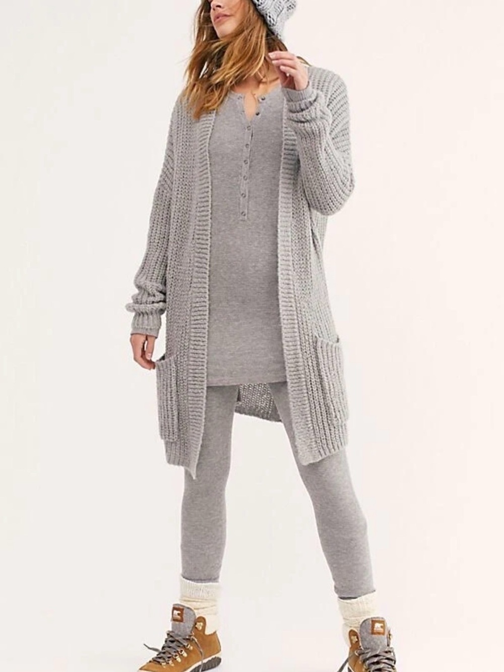 FREE PEOPLE Sz Small WEEKEND ESCAPE OPEN FRONT CARDIGAN SWEATER HEATHER GREY